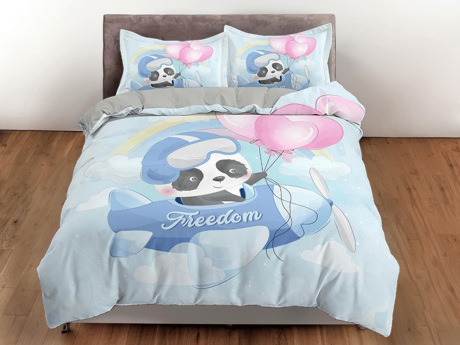 Cute panda flying as a pilot in airplane, blue bedding, duvet cover nursery kids, crib bedding, baby zipper bedding, king…