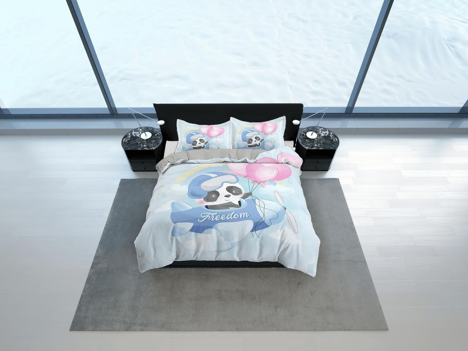 Cute panda flying as a pilot in airplane, blue bedding, duvet cover nursery kids, crib bedding, baby zipper bedding, king…