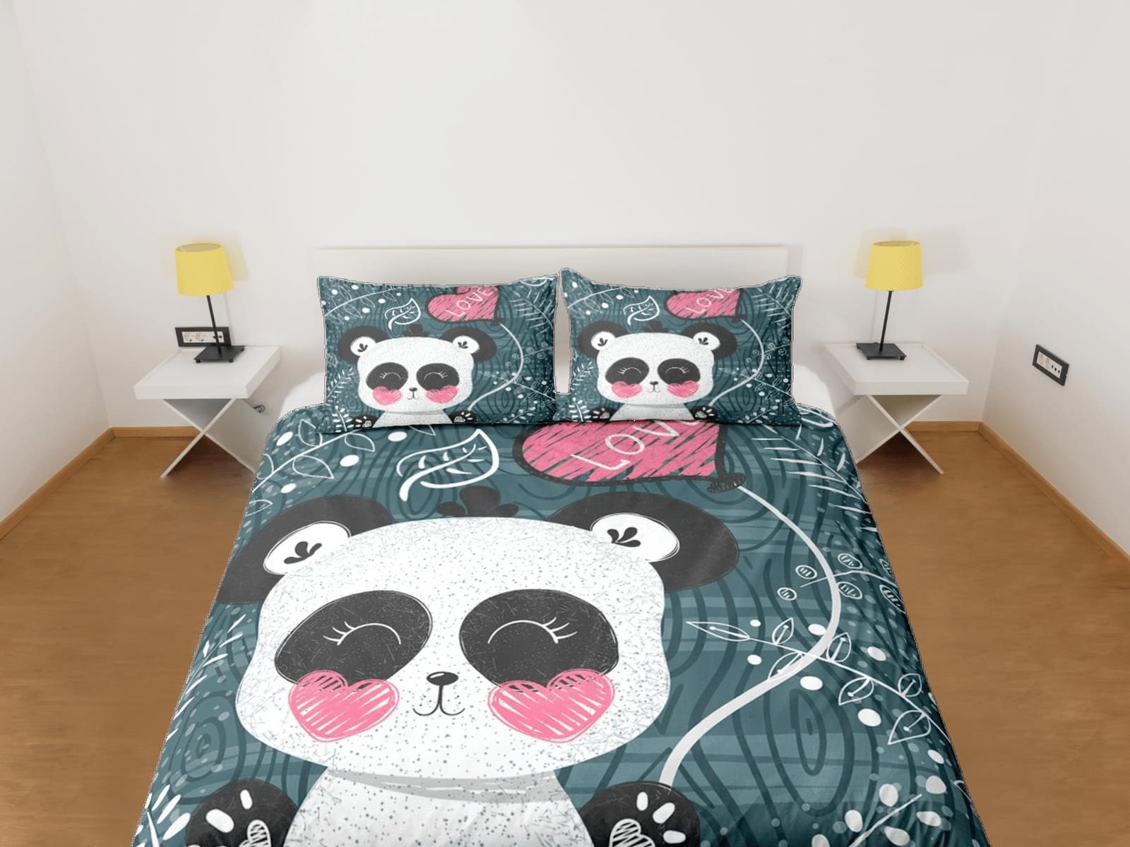Cute Panda Green Duvet Cover Set Colorful Bedspread, Kids Bedding with Pillowcase