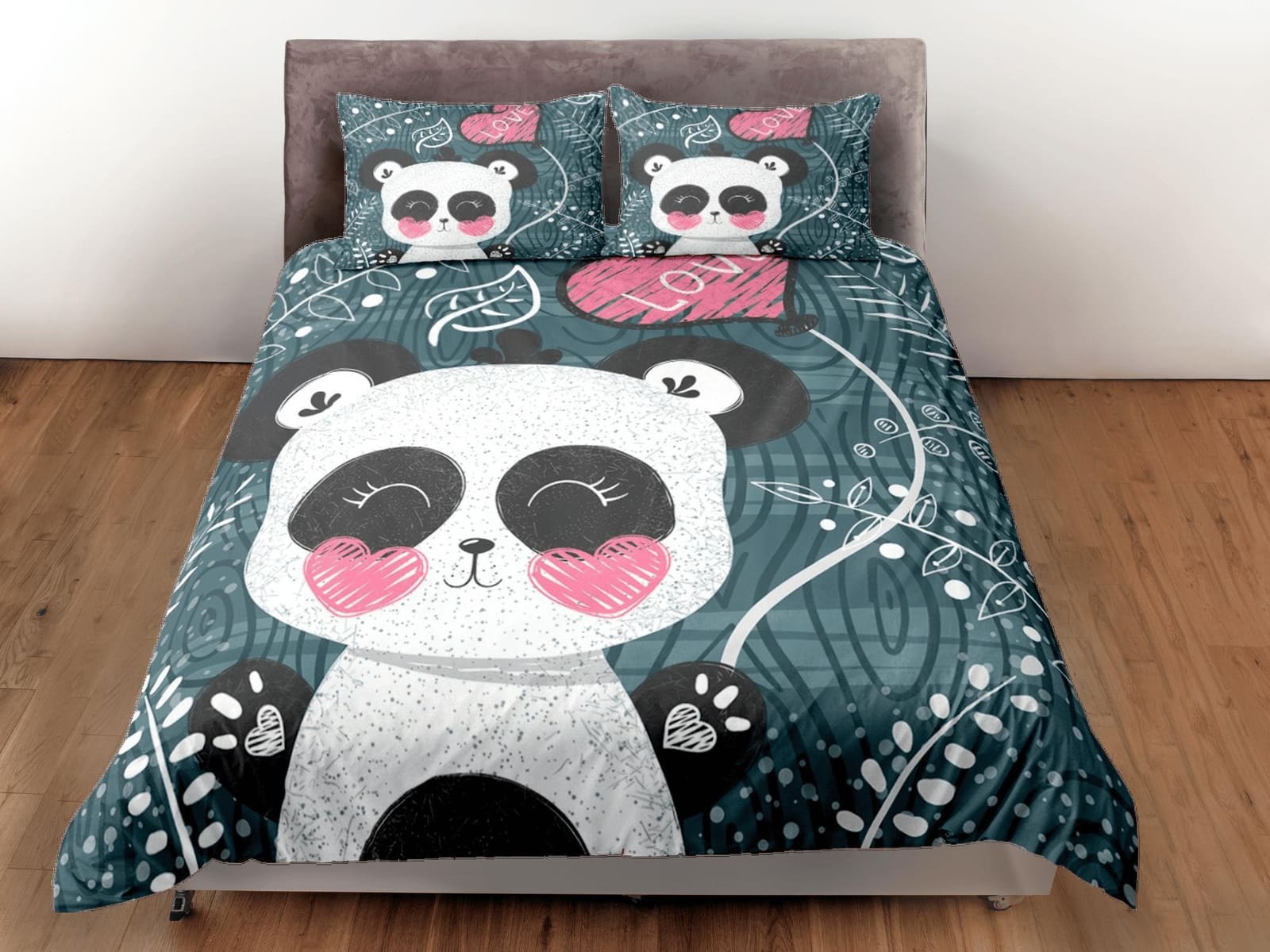 Cute Panda Green Duvet Cover Set Colorful Bedspread, Kids Bedding with Pillowcase