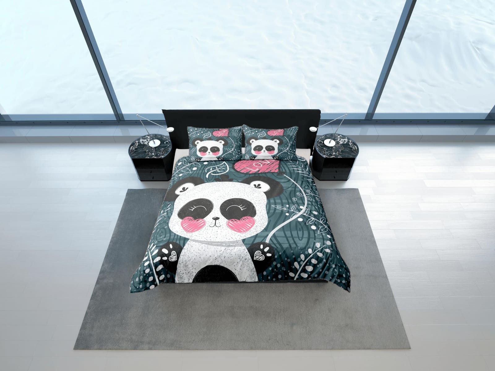 Cute Panda Green Duvet Cover Set Colorful Bedspread, Kids Bedding with Pillowcase