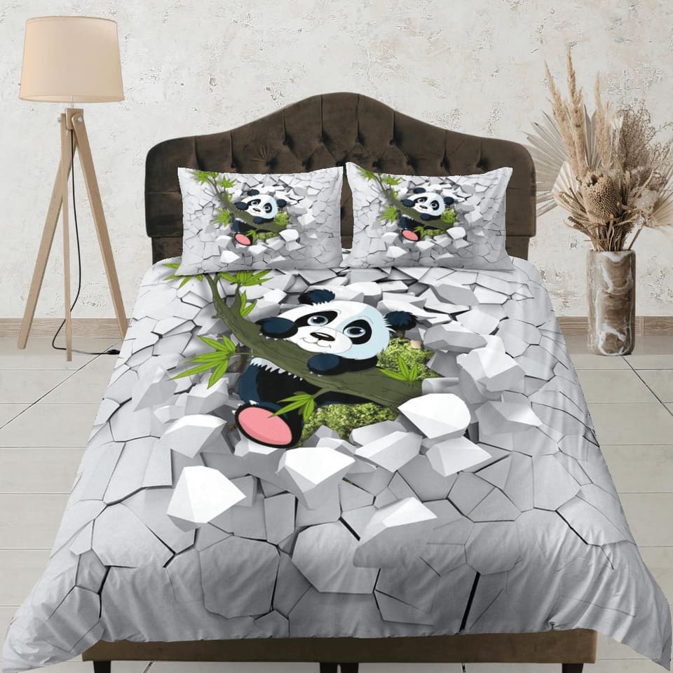 Cute Panda in Bamboo Duvet Cover Set Colorful Bedspread, Kids Full Bedding Set with Pillowcase, Comforter Cover Twin
