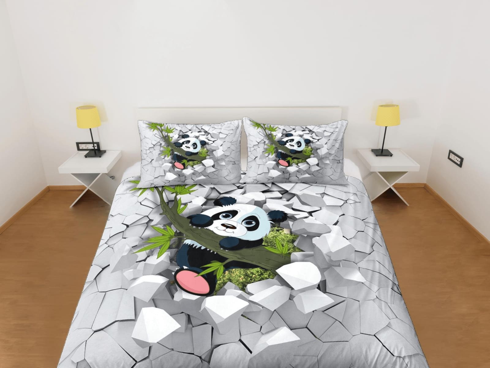 Cute Panda in Bamboo Duvet Cover Set Colorful Bedspread, Kids Full Bedding Set with Pillowcase, Comforter Cover Twin