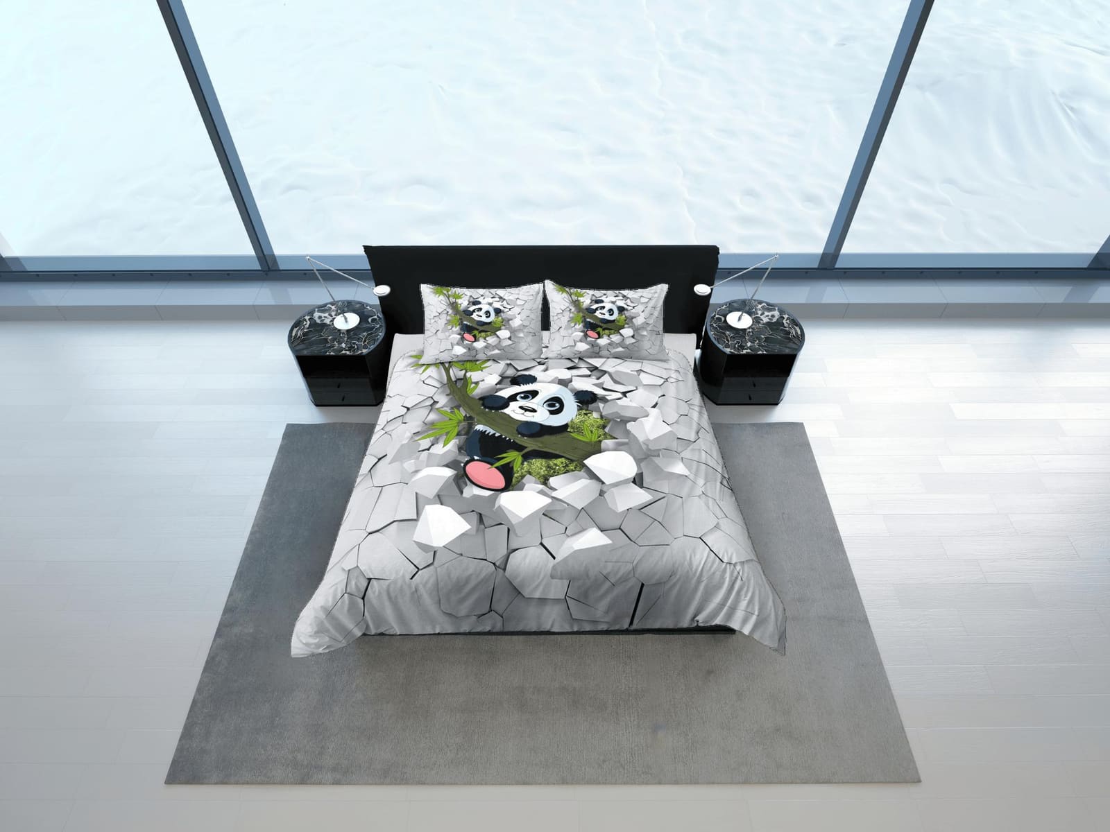 Cute Panda in Bamboo Duvet Cover Set Colorful Bedspread, Kids Full Bedding Set with Pillowcase, Comforter Cover Twin