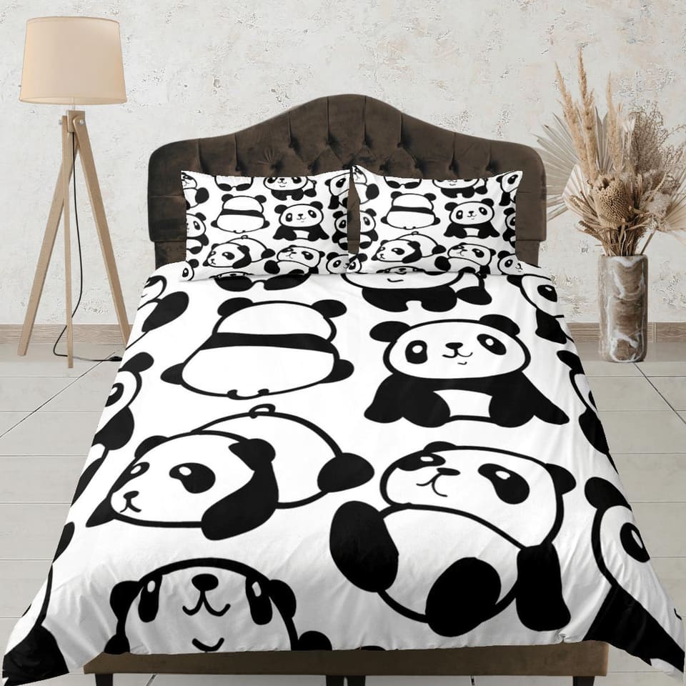 Cute Pandas Black & White Duvet Cover Set Colorful Bedspread, Kids Full Bedding Set with Pillowcase, King Queen Duvet Comf…