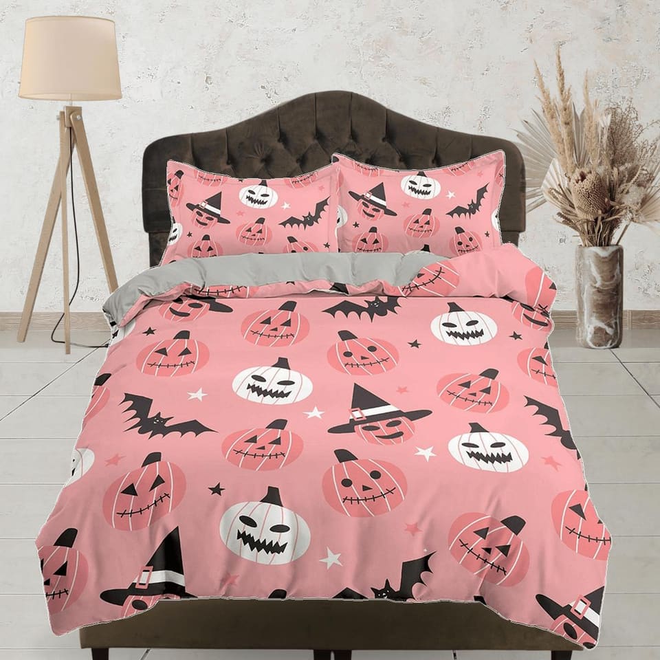 Cute pink halloween bedding & pillowcase, witchy duvet cover set dorm bedding, halloween decor, nursery toddler bedding, h…