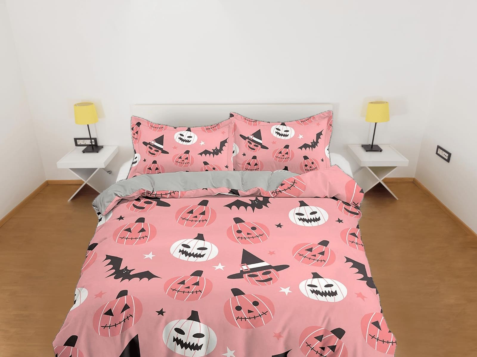 Cute pink halloween bedding & pillowcase, witchy duvet cover set dorm bedding, halloween decor, nursery toddler bedding, h…