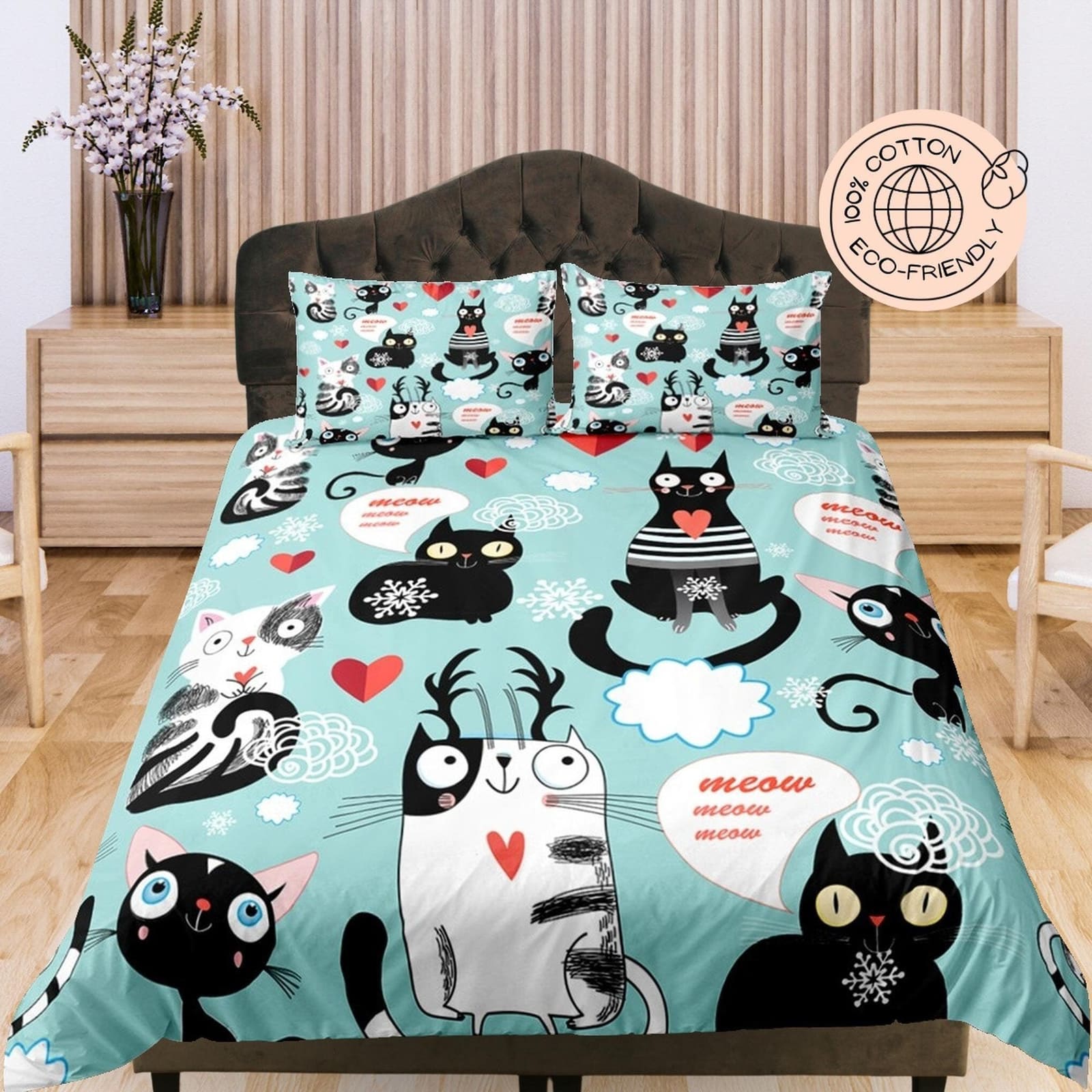 Cute Playful Cats, Hearts, Cyan Cotton Duvet Cover Set for Kids, Toddler Bedding, Baby Zipper Bedding, Nursery Cotton Bedd…