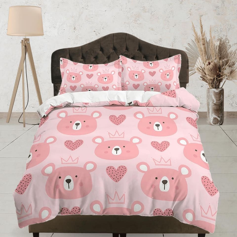 Cute princess bear pink girl toddler bedding, duvet cover for nursery kids, crib bedding, baby zipper bedding, king queen…