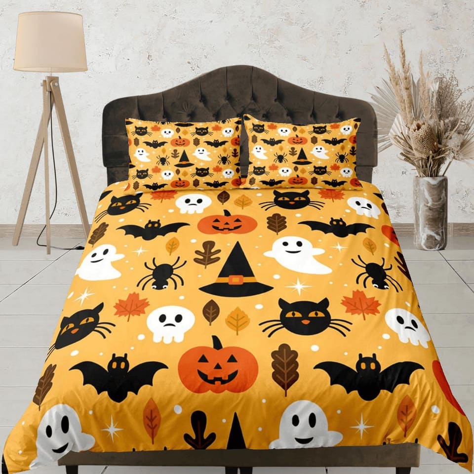 Cute pumpkin ghost spider black cat halloween bedding & pillowcase, yellow duvet cover, dorm bedding, toddler bedding, hal…