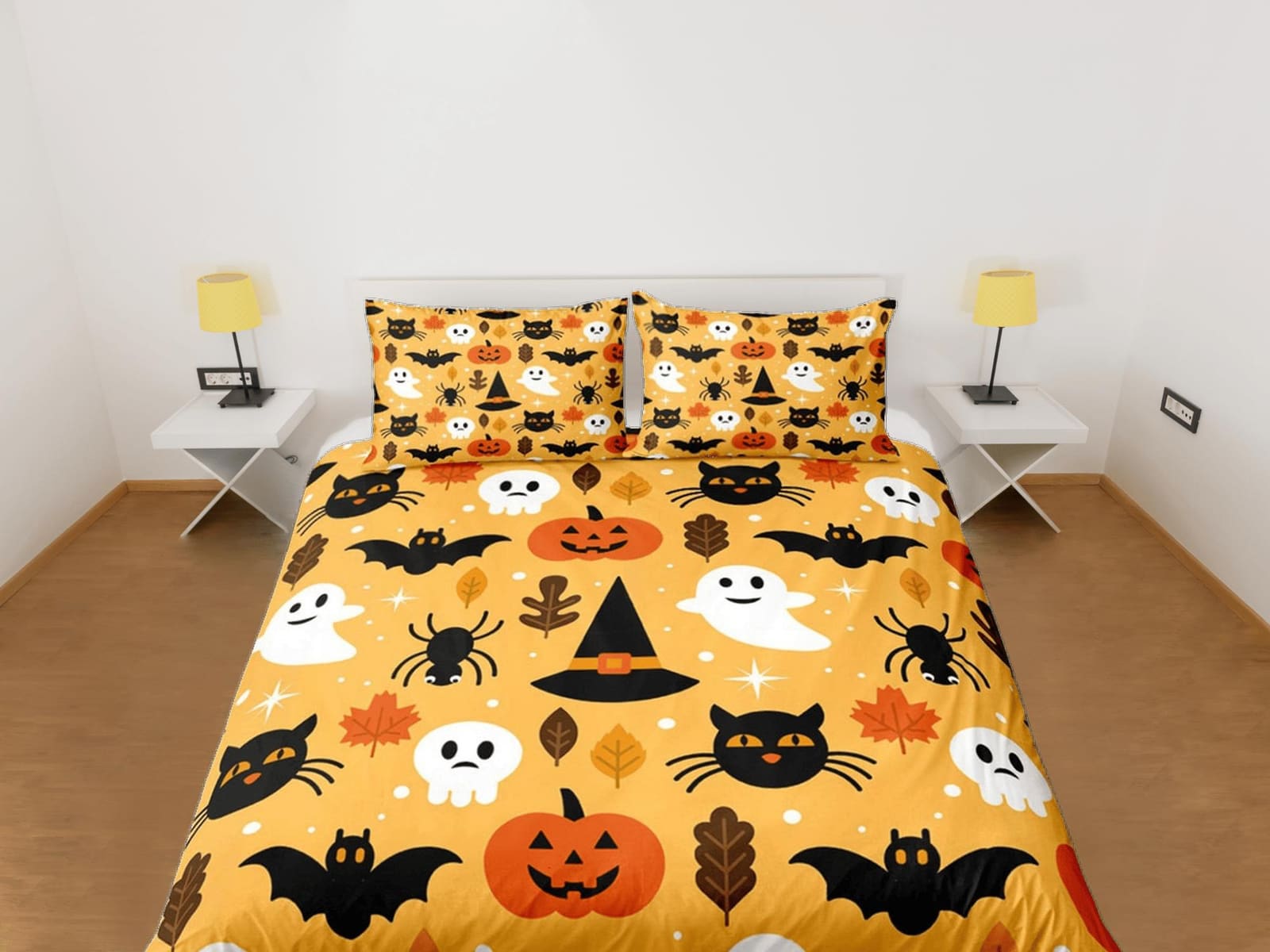 Cute pumpkin ghost spider black cat halloween bedding & pillowcase, yellow duvet cover, dorm bedding, toddler bedding, hal…