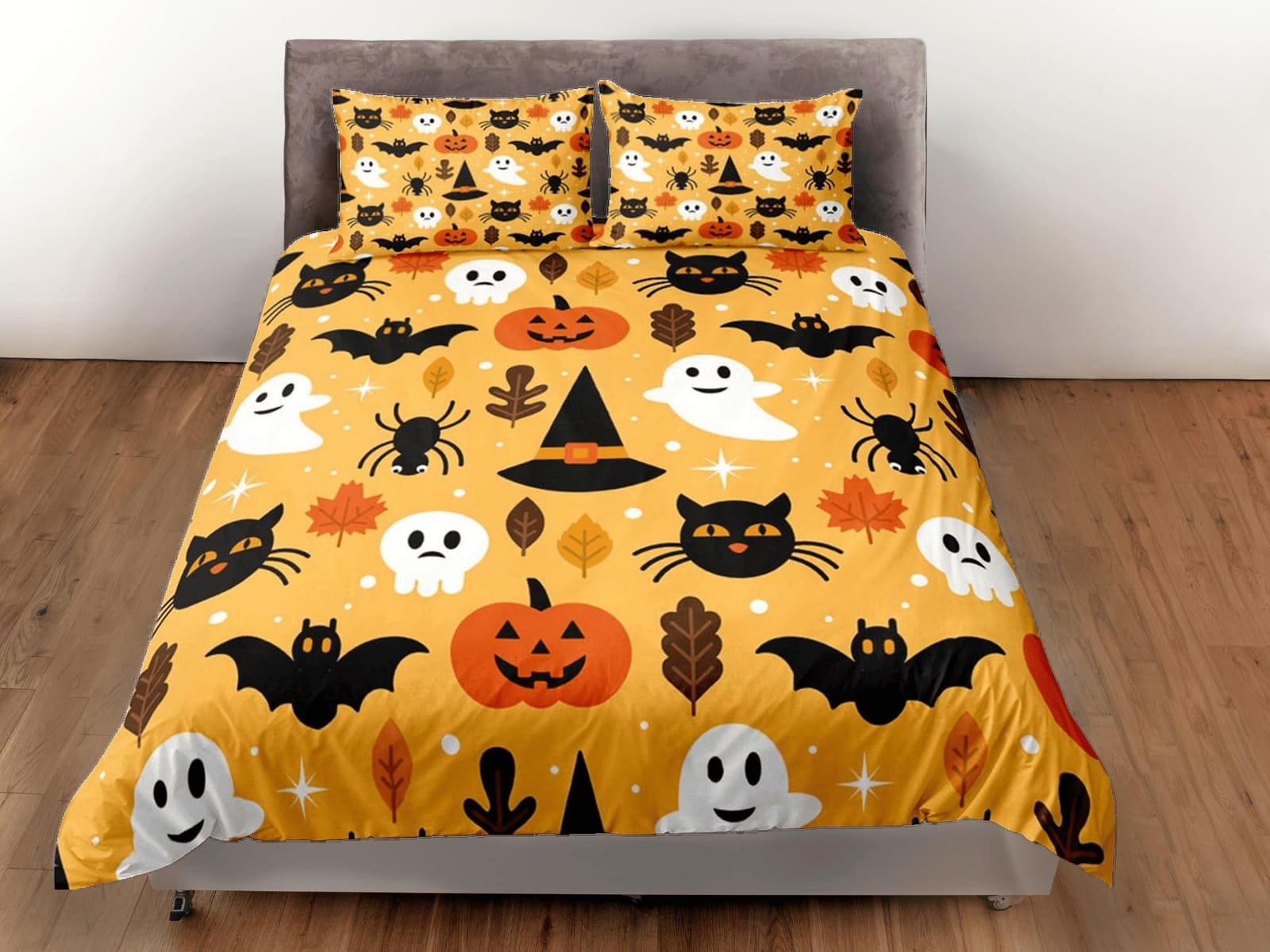 Cute pumpkin ghost spider black cat halloween bedding & pillowcase, yellow duvet cover, dorm bedding, toddler bedding, hal…