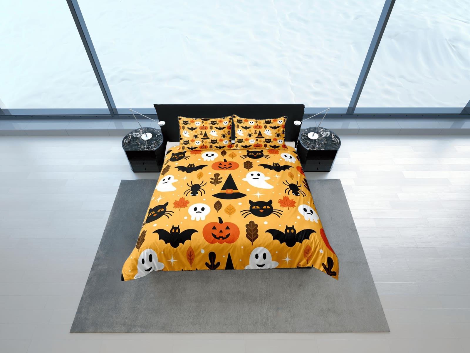 Cute pumpkin ghost spider black cat halloween bedding & pillowcase, yellow duvet cover, dorm bedding, toddler bedding, hal…