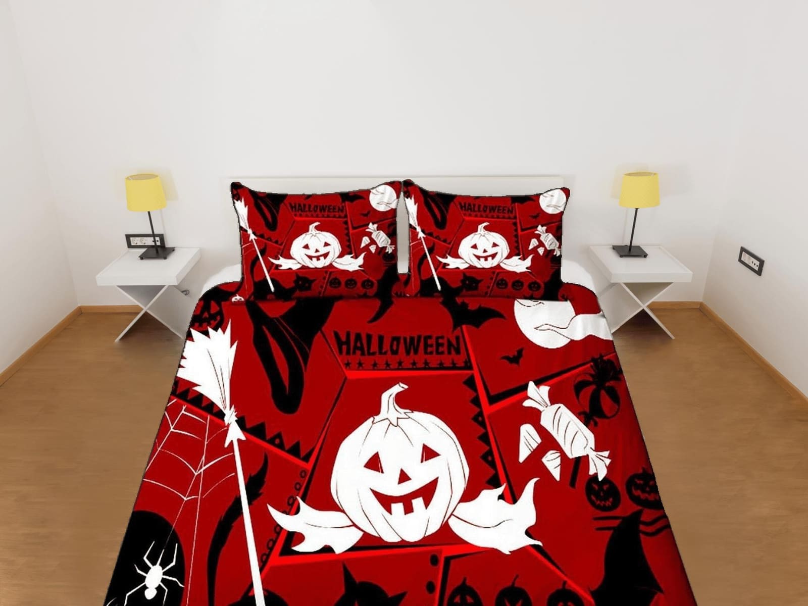 Cute pumpkin happy halloween bedding & pillowcase, red duvet cover, dorm bedding, goth decor toddler bedding, halloween gift