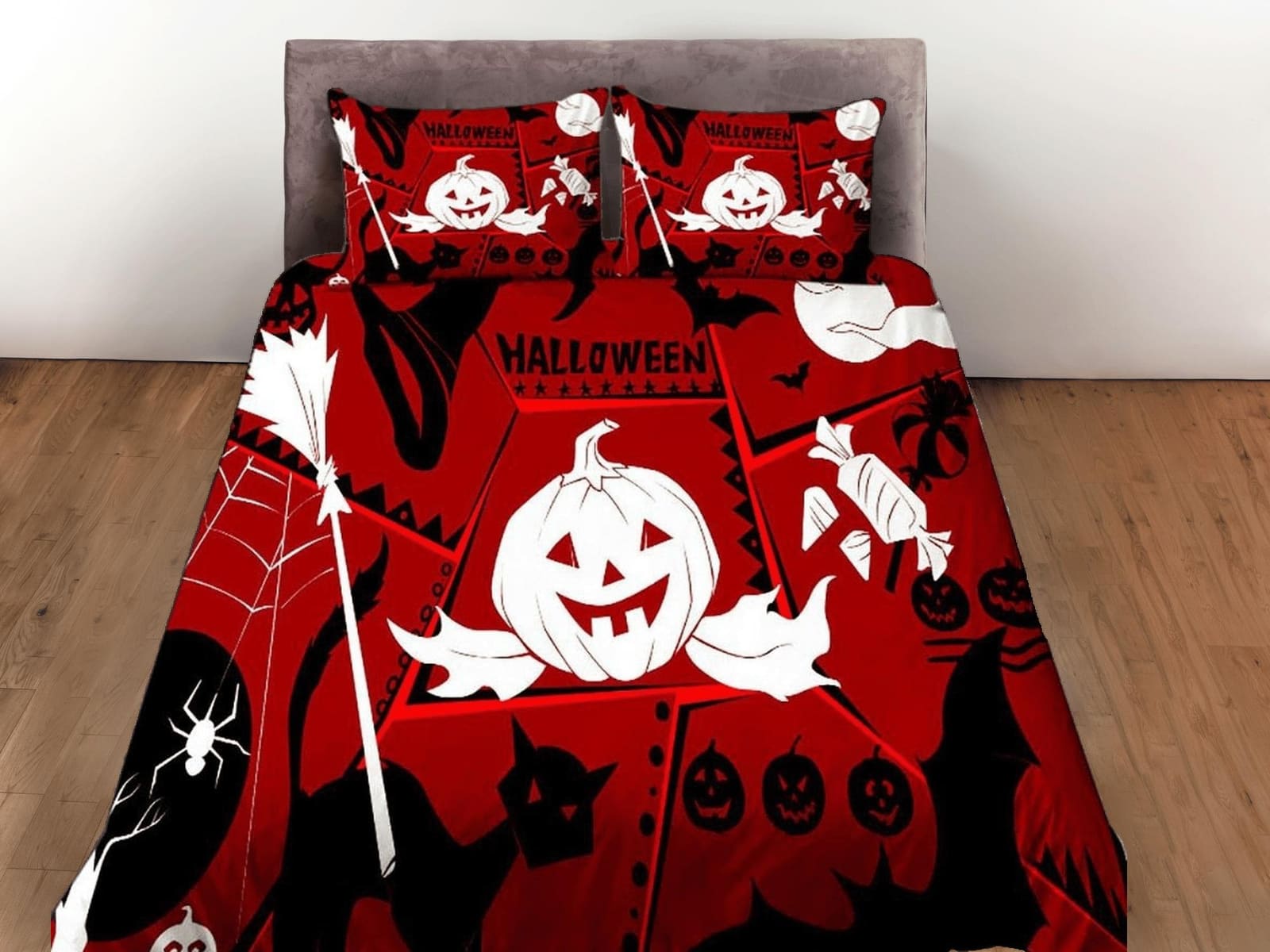 Cute pumpkin happy halloween bedding & pillowcase, red duvet cover, dorm bedding, goth decor toddler bedding, halloween gift