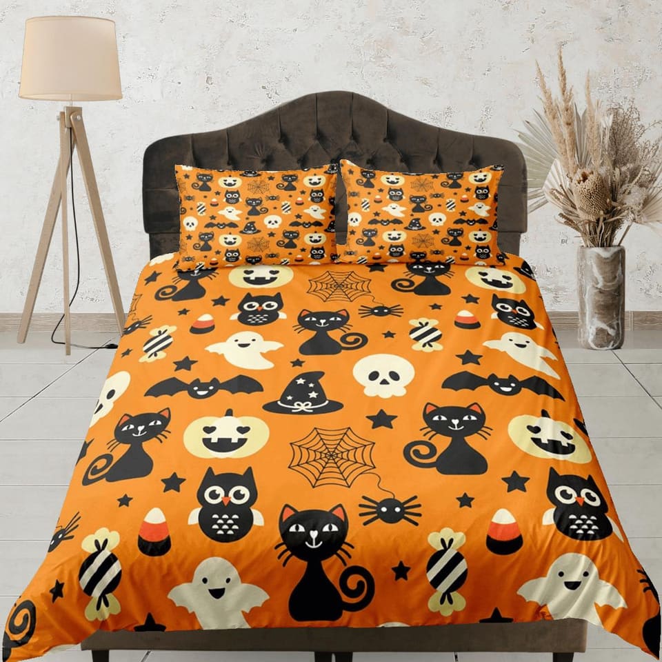 Cute pumpkin, owl and black cat halloween bedding & pillowcase, orange duvet cover, dorm bedding, goth decor toddler beddi…