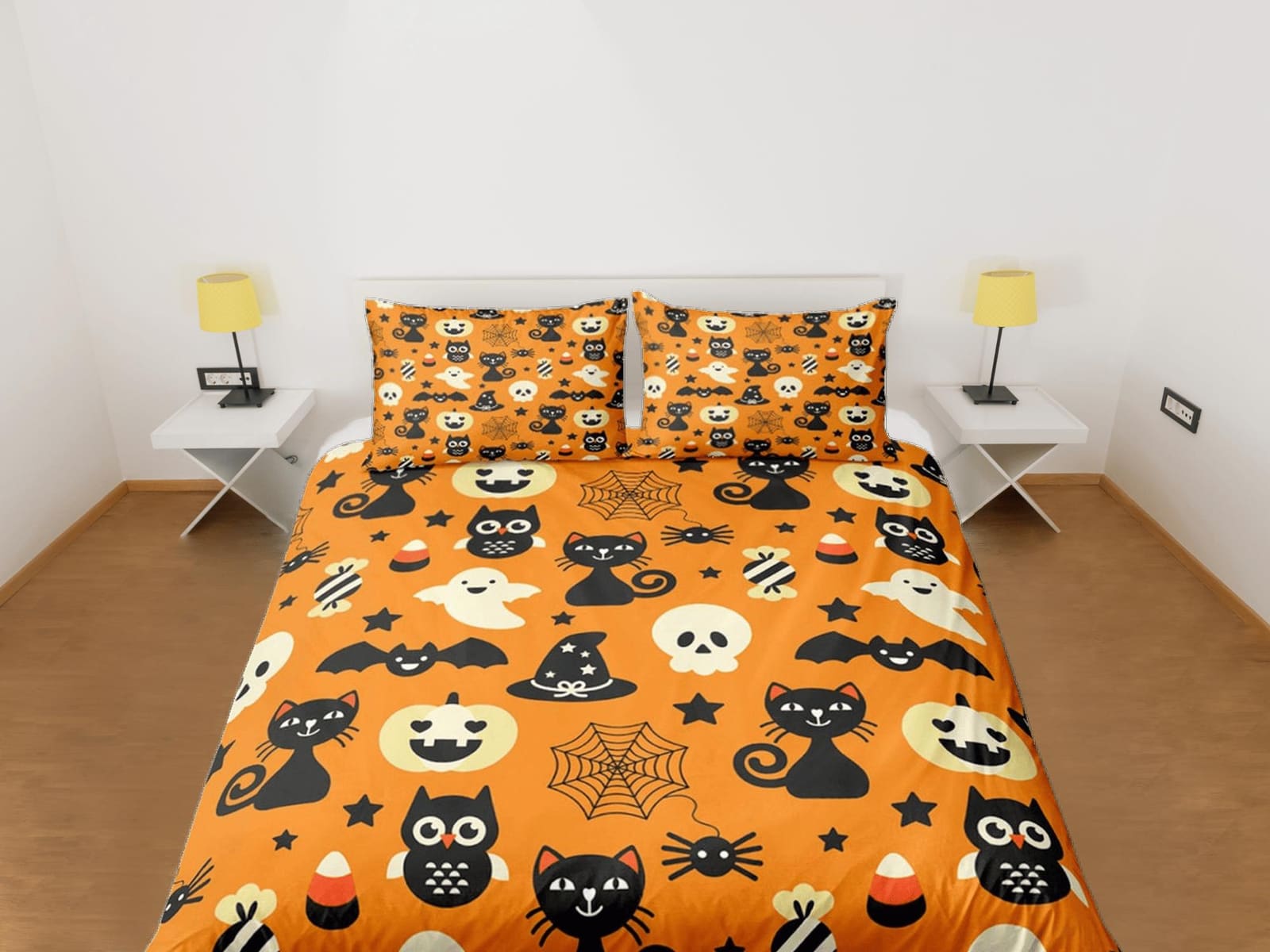 Cute pumpkin, owl and black cat halloween bedding & pillowcase, orange duvet cover, dorm bedding, goth decor toddler beddi…