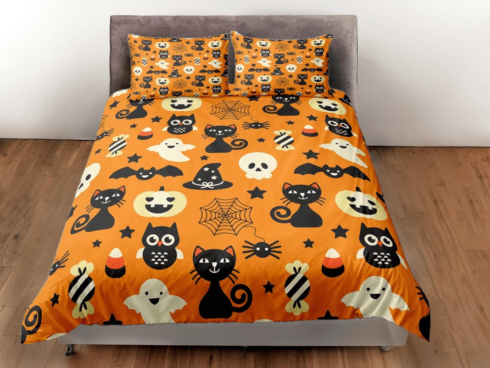 Cute pumpkin, owl and black cat halloween bedding & pillowcase, orange duvet cover, dorm bedding, goth decor toddler beddi…