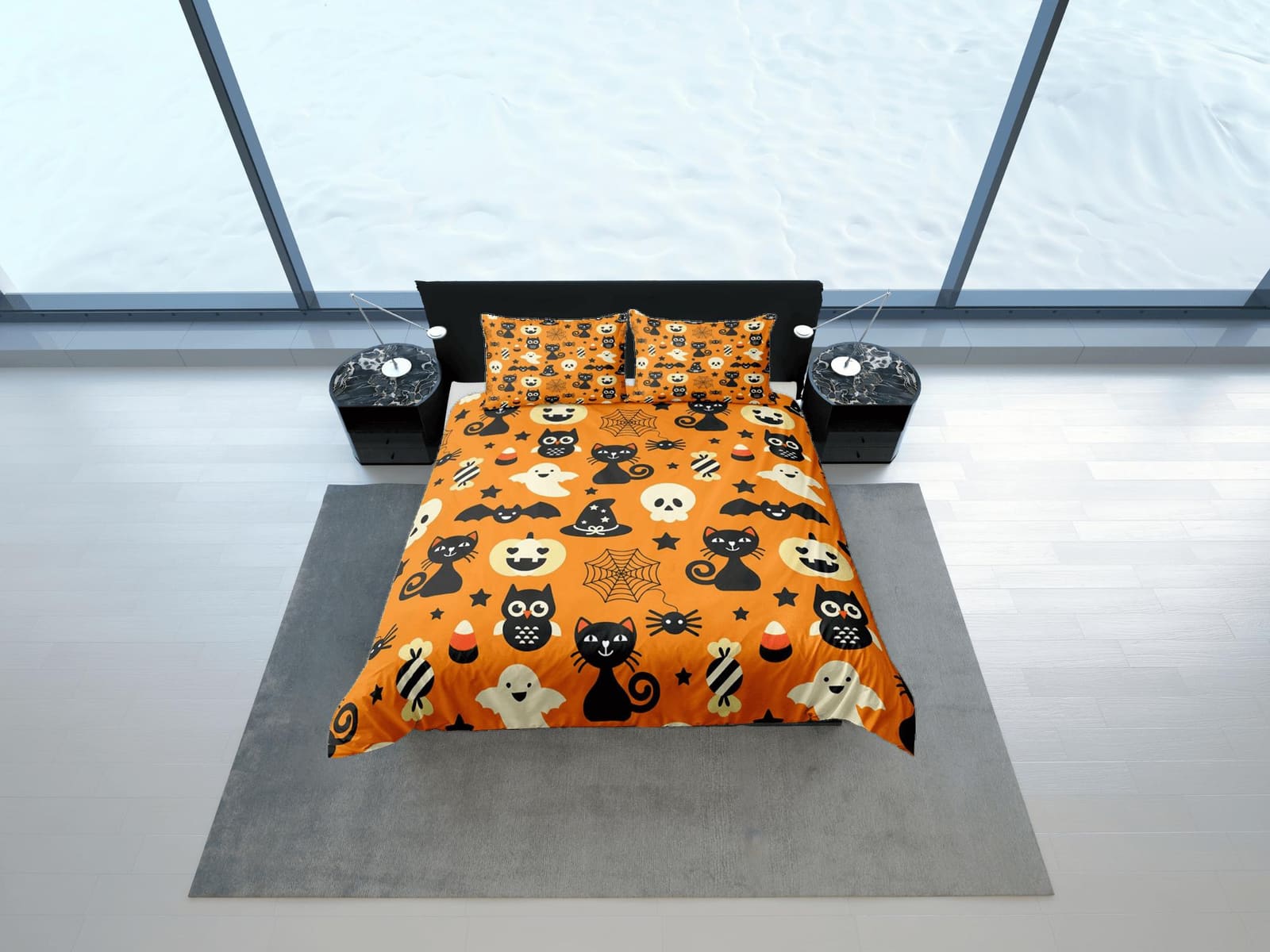 Cute pumpkin, owl and black cat halloween bedding & pillowcase, orange duvet cover, dorm bedding, goth decor toddler beddi…