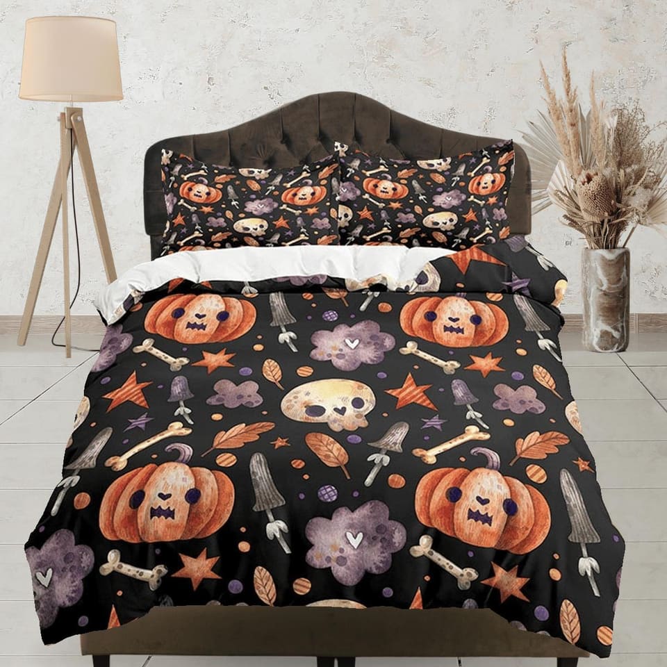 Cute pumpkin retro halloween bedding & pillowcase, gothic duvet cover, dorm bedding, goth decor toddler bedding, halloween…