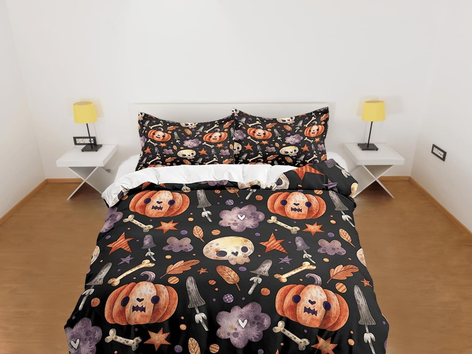 Cute pumpkin retro halloween bedding & pillowcase, gothic duvet cover, dorm bedding, goth decor toddler bedding, halloween…