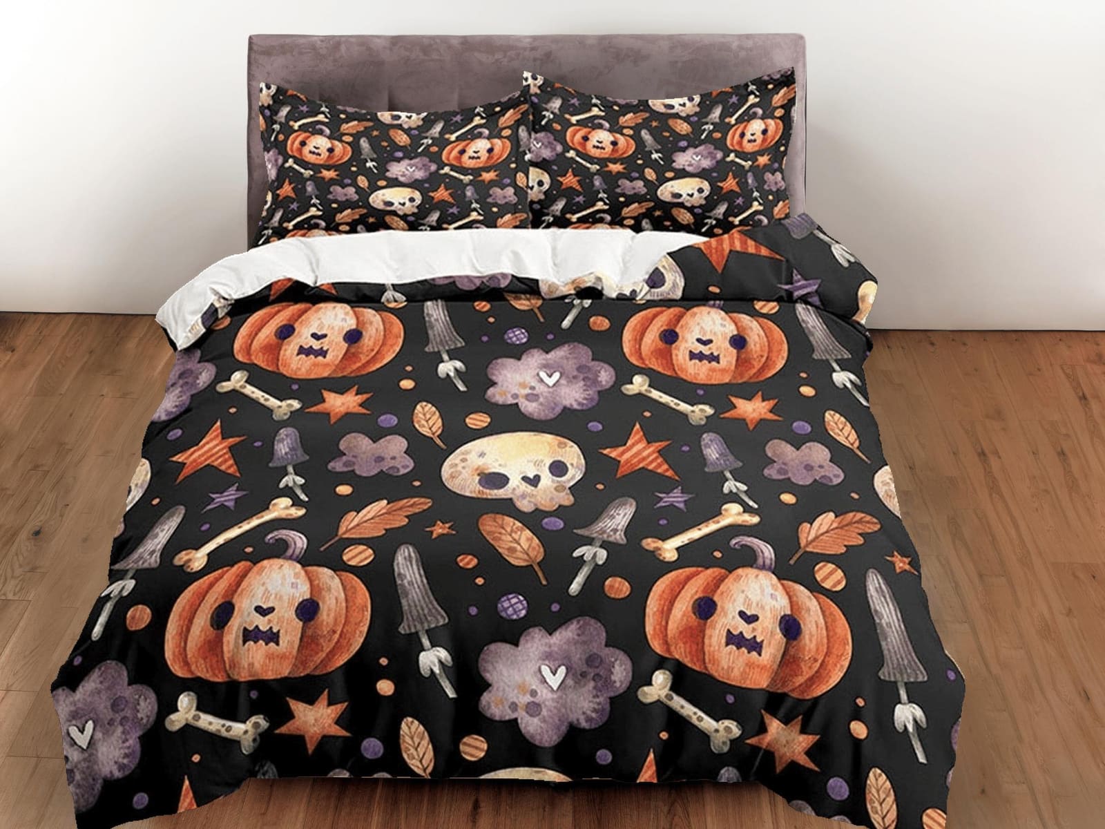 Cute pumpkin retro halloween bedding & pillowcase, gothic duvet cover, dorm bedding, goth decor toddler bedding, halloween…