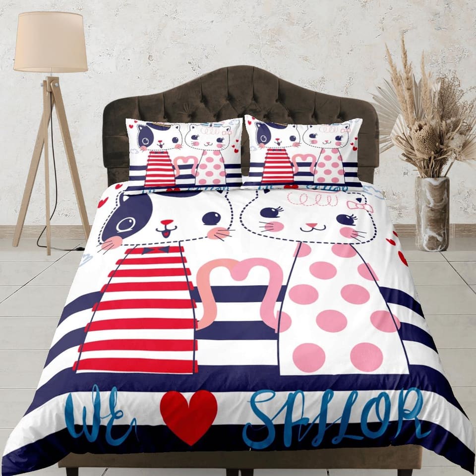 Cute sailor couple cat bedding, toddler bedding, kids duvet cover set, gift for cat lovers, baby bedding, baby shower gift…