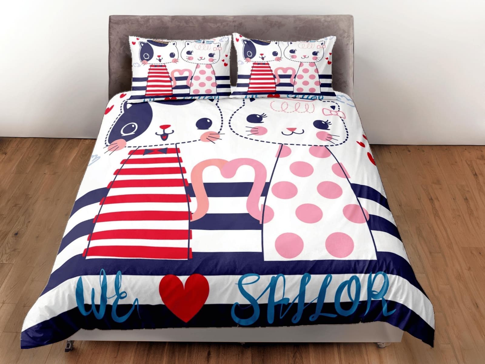 Cute sailor couple cat bedding, toddler bedding, kids duvet cover set, gift for cat lovers, baby bedding, baby shower gift…