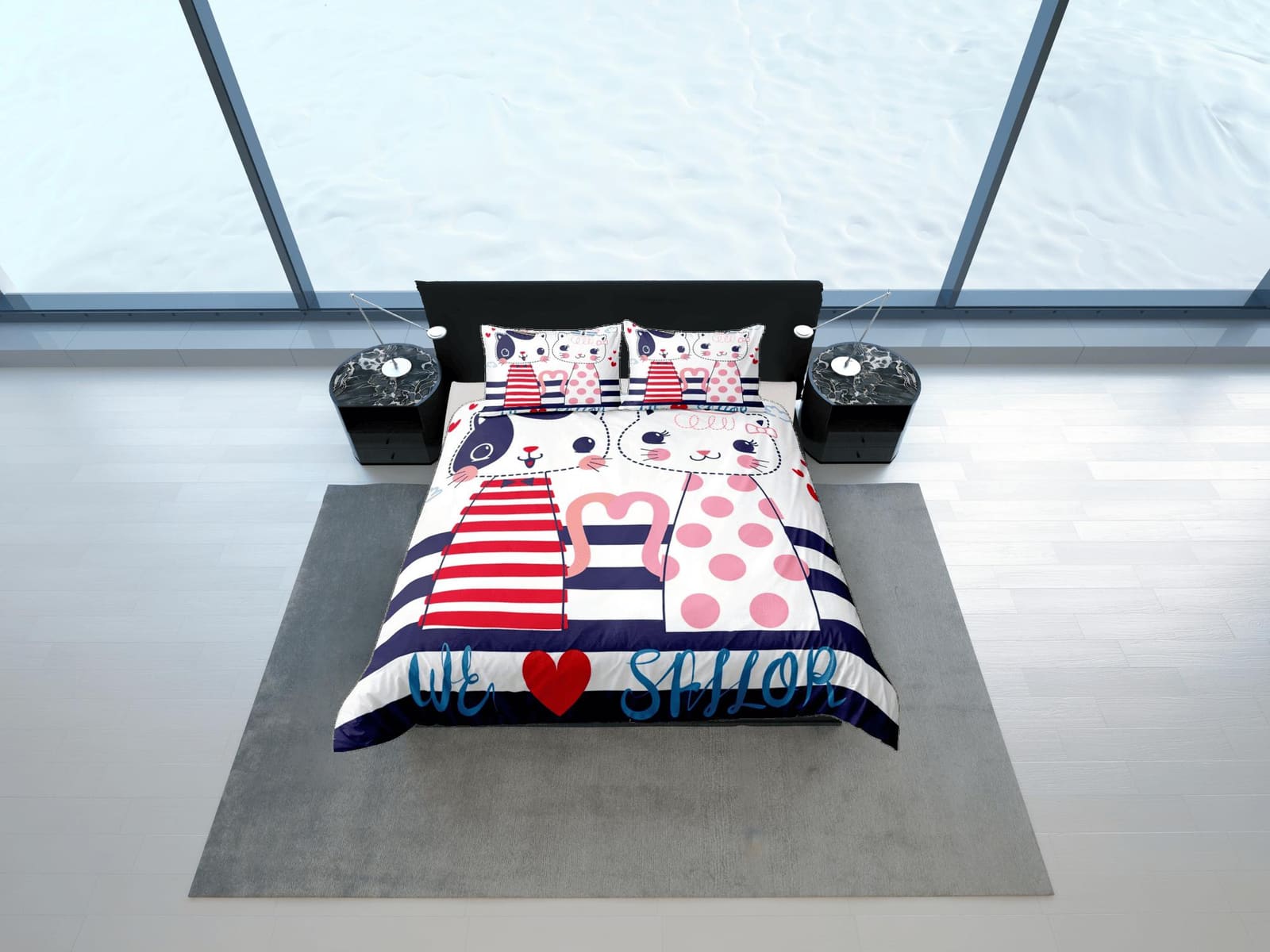 Cute sailor couple cat bedding, toddler bedding, kids duvet cover set, gift for cat lovers, baby bedding, baby shower gift…