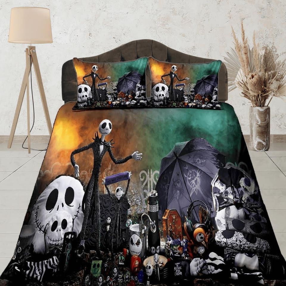 Cute skeleton family halloween bedding & pillowcase, gothic duvet cover, dorm bedding, goth decor toddler bedding, hallowe…