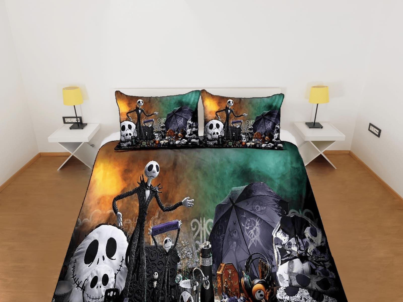 Cute skeleton family halloween bedding & pillowcase, gothic duvet cover, dorm bedding, goth decor toddler bedding, hallowe…