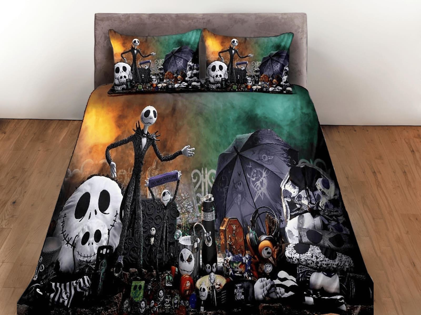 Cute skeleton family halloween bedding & pillowcase, gothic duvet cover, dorm bedding, goth decor toddler bedding, hallowe…