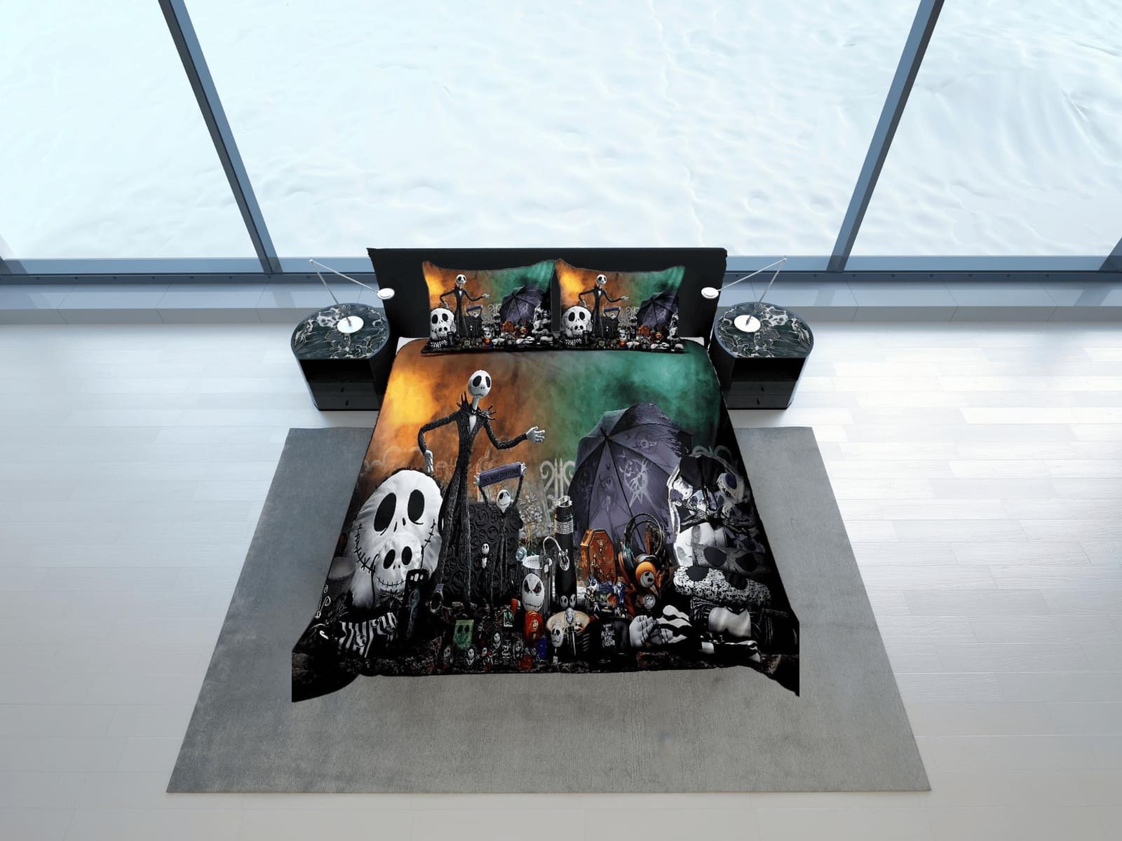 Cute skeleton family halloween bedding & pillowcase, gothic duvet cover, dorm bedding, goth decor toddler bedding, hallowe…