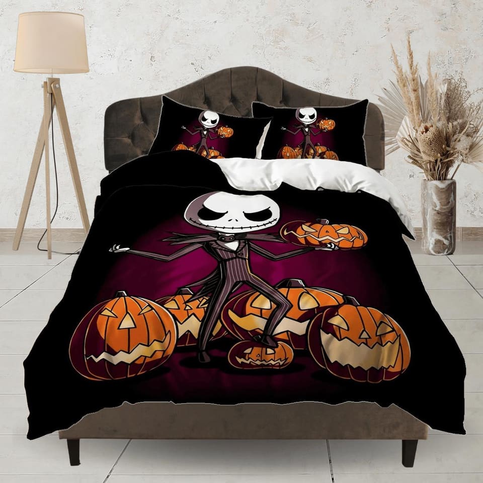 Cute skeleton in tuxedo holding pumpkin halloween bedding & pillowcase, duvet cover, dorm bedding, goth decor toddler bedd…