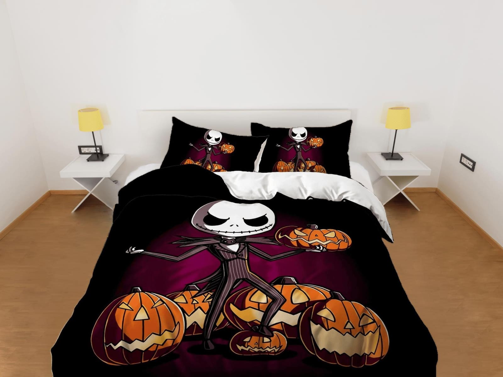 Cute skeleton in tuxedo holding pumpkin halloween bedding & pillowcase, duvet cover, dorm bedding, goth decor toddler bedd…