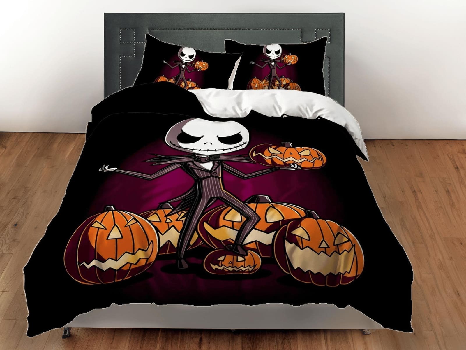 Cute skeleton in tuxedo holding pumpkin halloween bedding & pillowcase, duvet cover, dorm bedding, goth decor toddler bedd…