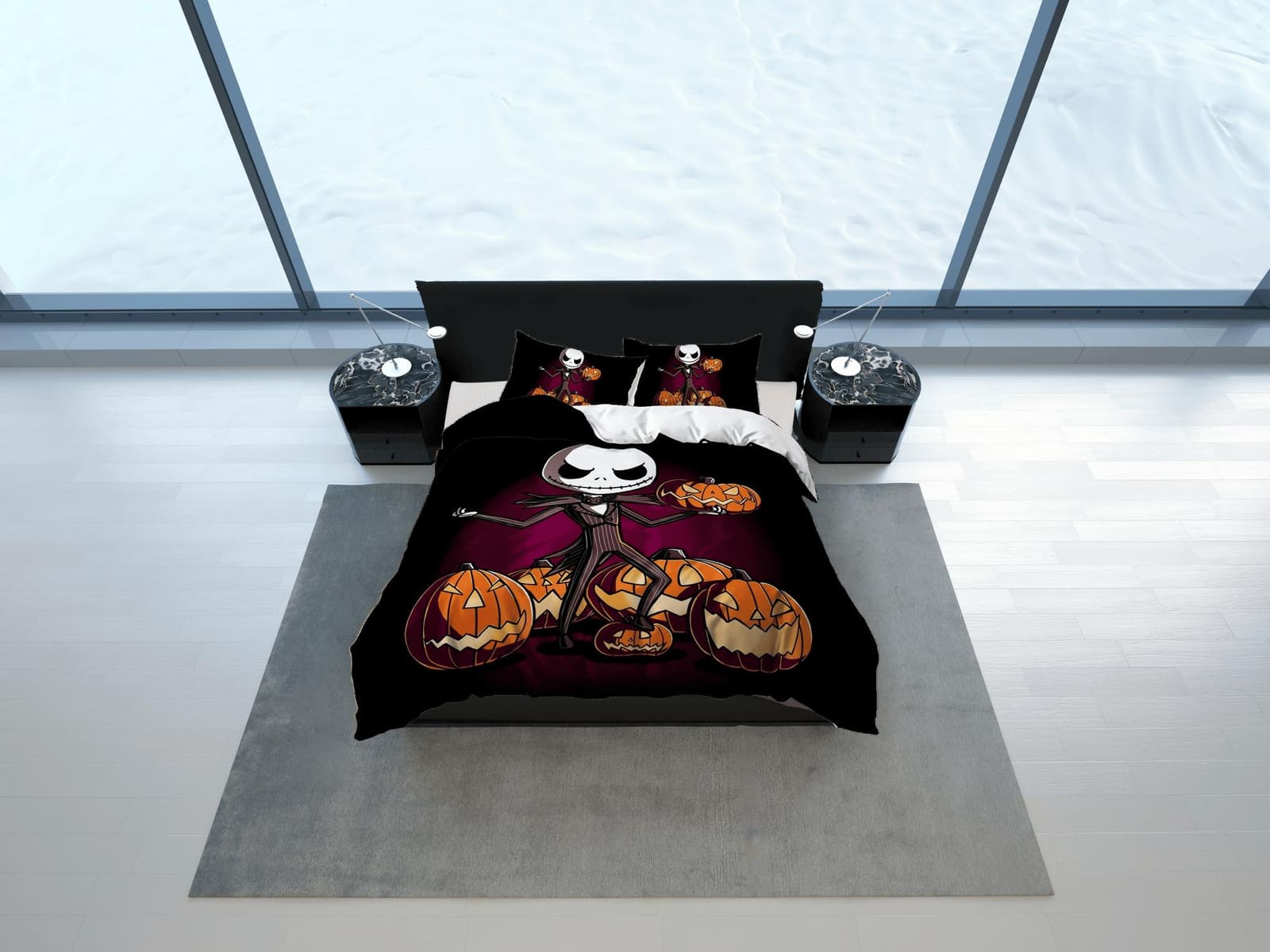 Cute skeleton in tuxedo holding pumpkin halloween bedding & pillowcase, duvet cover, dorm bedding, goth decor toddler bedd…