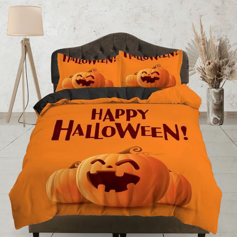 Cute smiling pumpkin happy halloween bedding & pillowcase, gothic duvet cover, dorm bedding, goth decor toddler bedding, h…