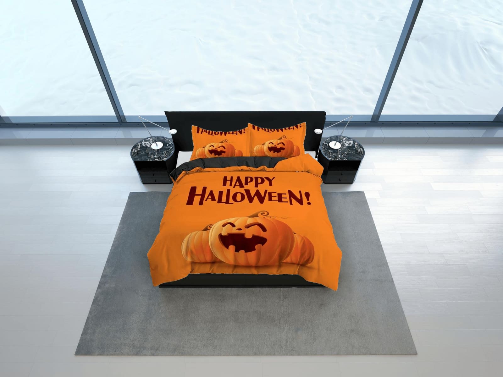 Cute smiling pumpkin happy halloween bedding & pillowcase, gothic duvet cover, dorm bedding, goth decor toddler bedding, h…