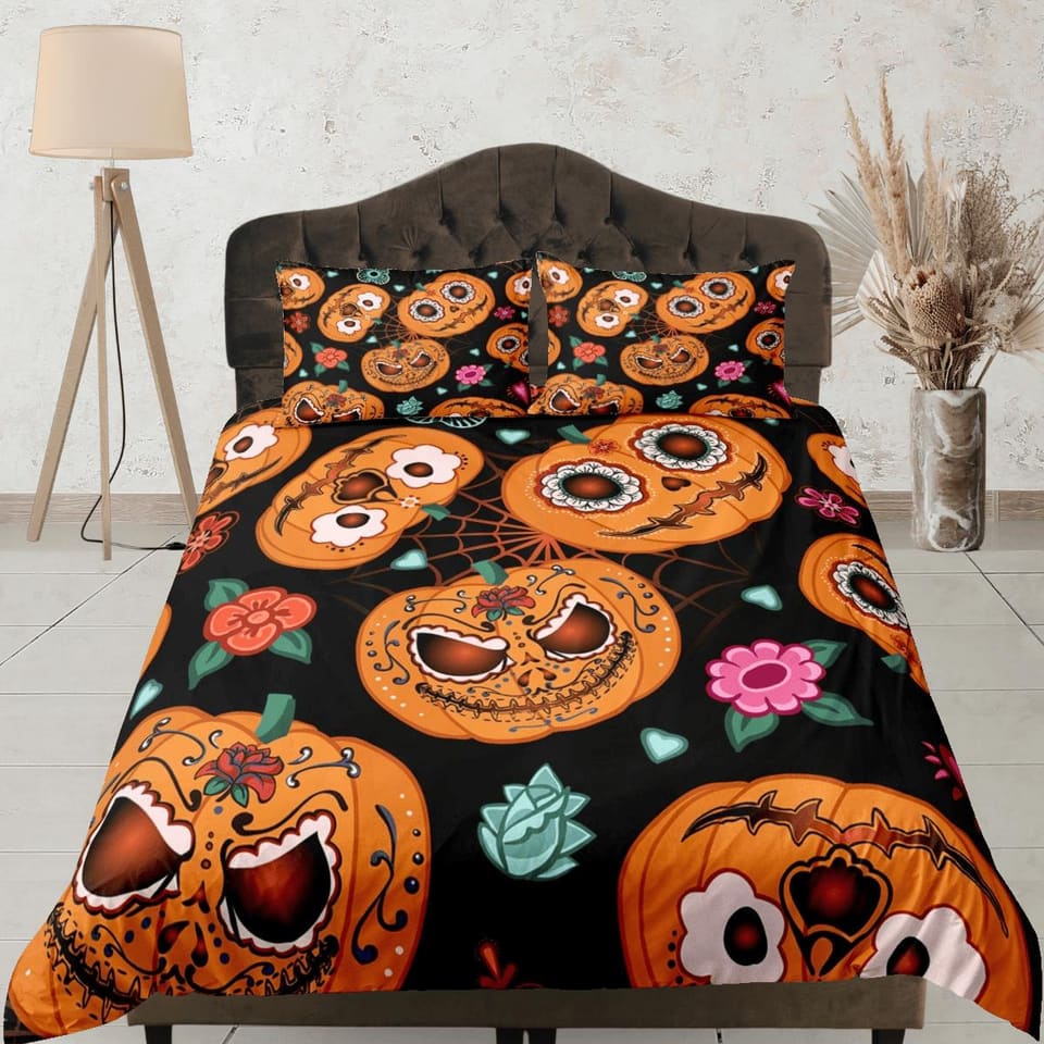 Cute spooky pumpkin halloween bedding & pillowcase, gothic duvet cover, dorm bedding, halloween goth decor toddler bedding…