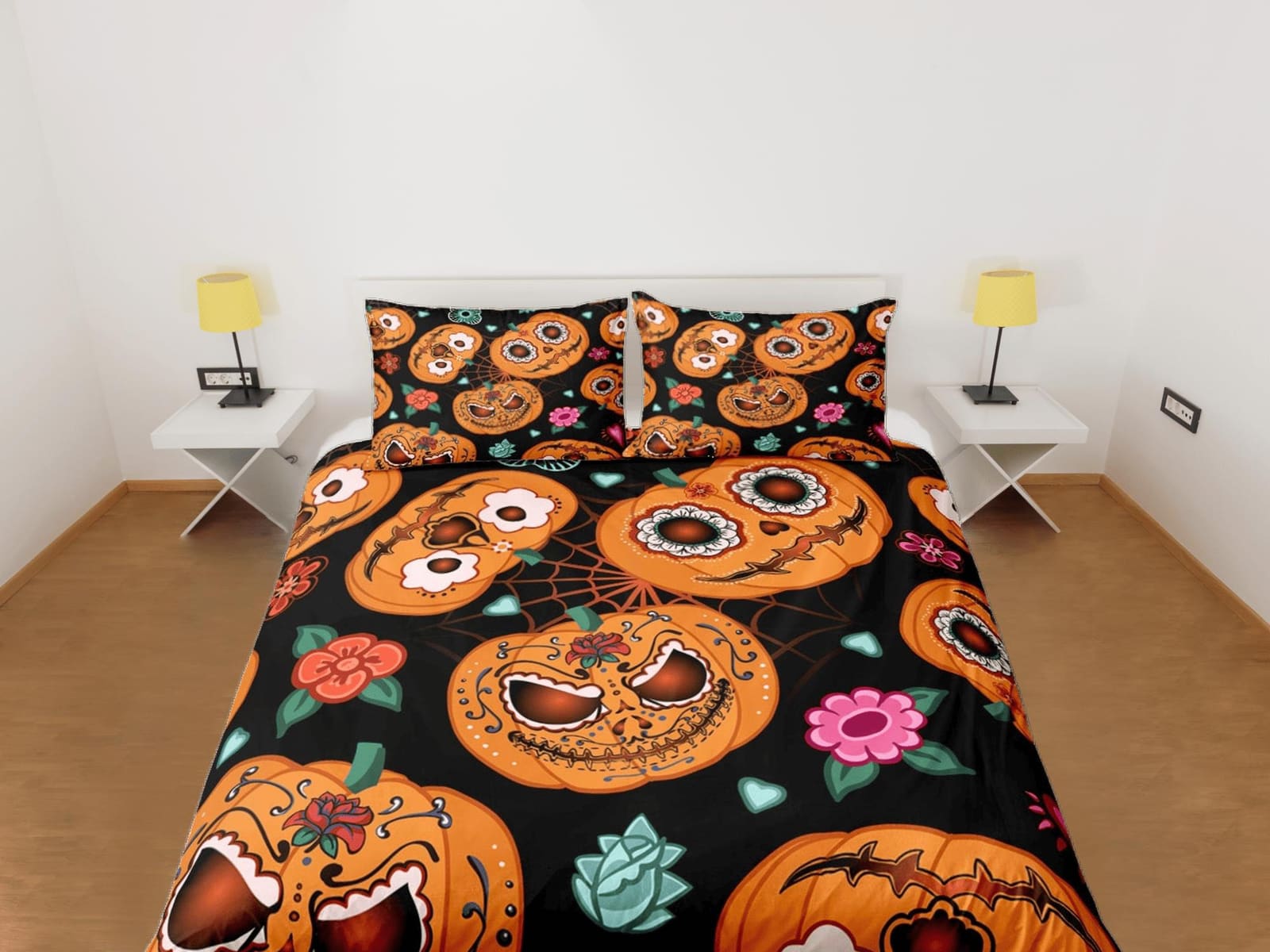 Cute spooky pumpkin halloween bedding & pillowcase, gothic duvet cover, dorm bedding, halloween goth decor toddler bedding…