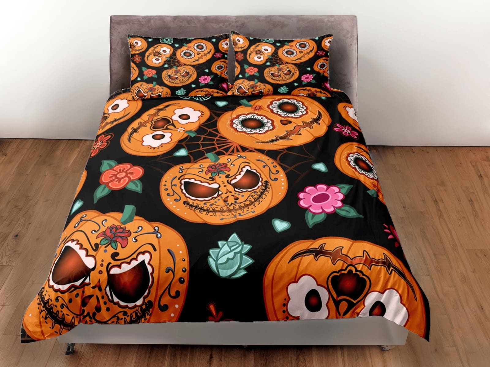 Cute spooky pumpkin halloween bedding & pillowcase, gothic duvet cover, dorm bedding, halloween goth decor toddler bedding…