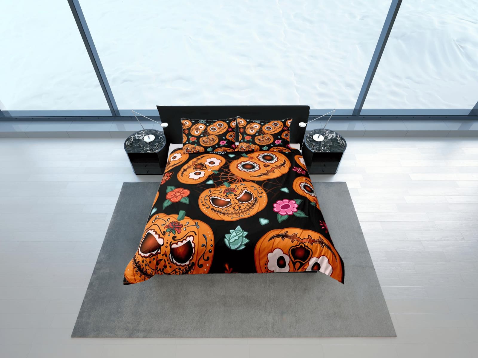 Cute spooky pumpkin halloween bedding & pillowcase, gothic duvet cover, dorm bedding, halloween goth decor toddler bedding…