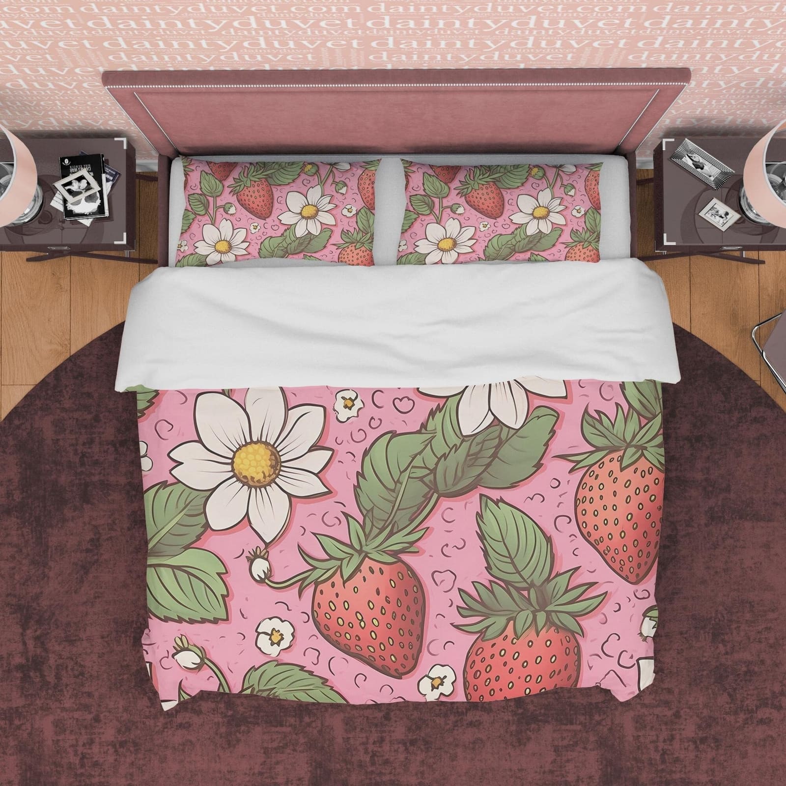 Cute Strawberry Duvet Cover Boho Bedroom Set, Floral Pink Bedspread, Girly Quilt Cover, Dorm Bedding, Baby Girl Toddler Be…