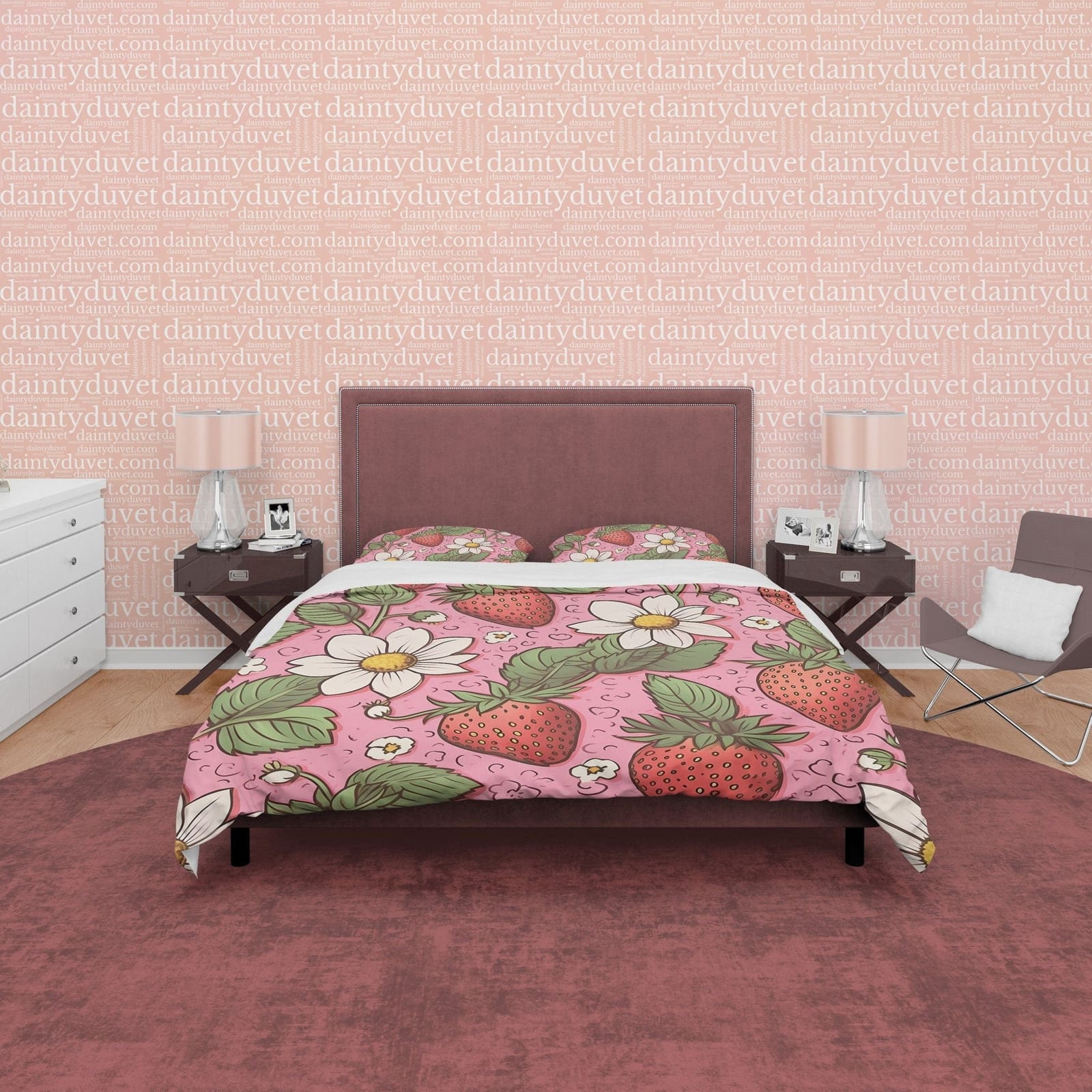 Cute Strawberry Duvet Cover Boho Bedroom Set, Floral Pink Bedspread, Girly Quilt Cover, Dorm Bedding, Baby Girl Toddler Be…