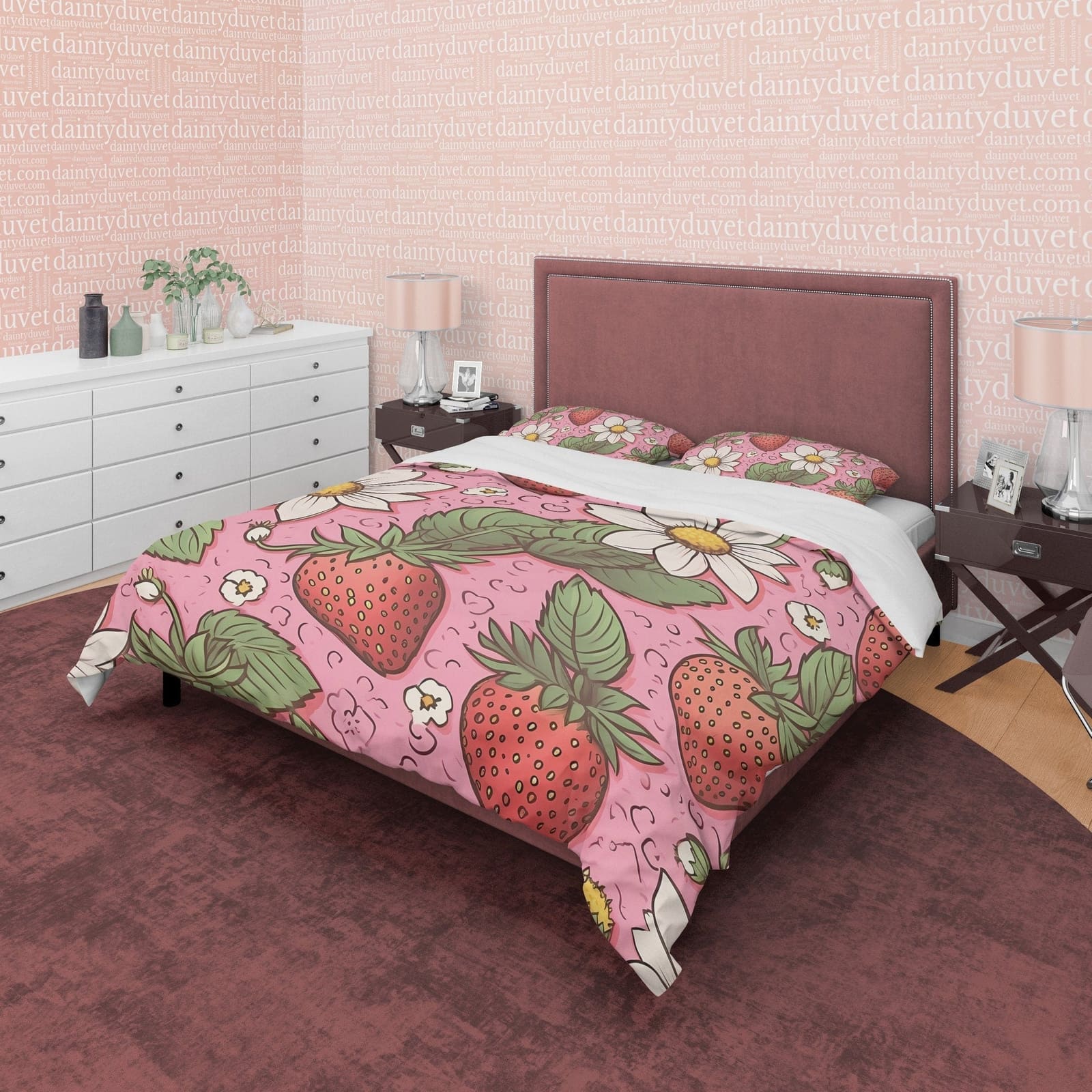 Cute Strawberry Duvet Cover Boho Bedroom Set, Floral Pink Bedspread, Girly Quilt Cover, Dorm Bedding, Baby Girl Toddler Be…