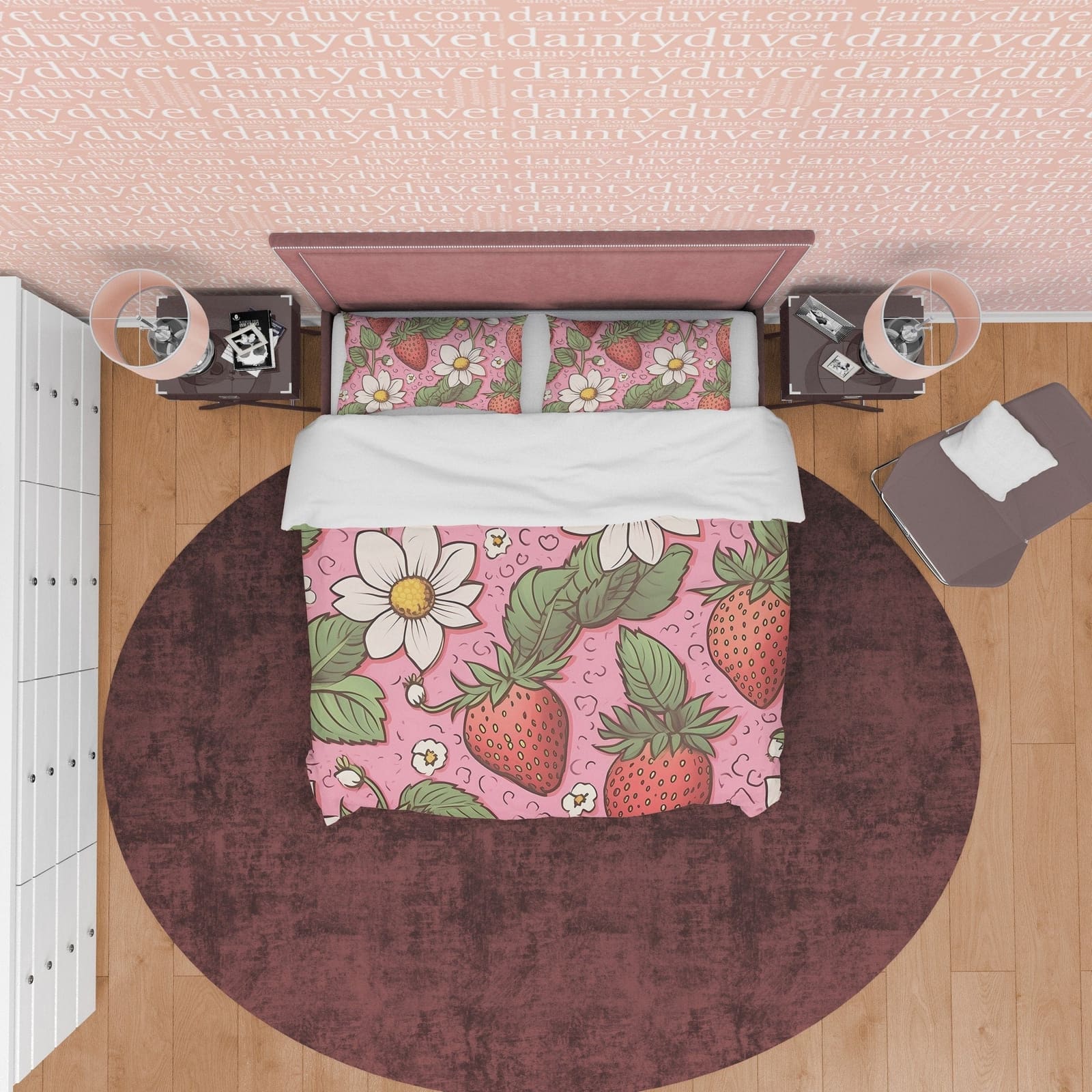 Cute Strawberry Duvet Cover Boho Bedroom Set, Floral Pink Bedspread, Girly Quilt Cover, Dorm Bedding, Baby Girl Toddler Be…