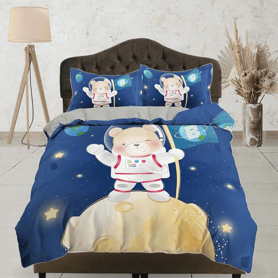 Cute Teddy Bear Astronaut Bedding, Duvet Cover Set & Pillowcase, Zipper Bedding, Dorm Bedding, Teens Adult Duvet King Quee…