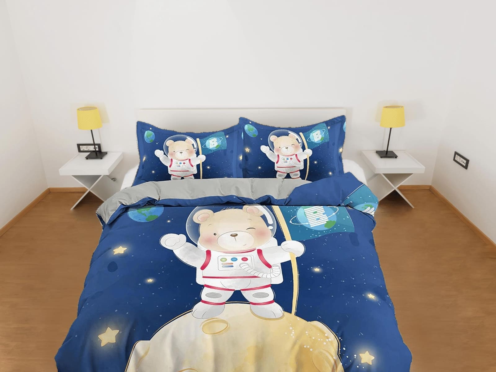 Cute Teddy Bear Astronaut Bedding, Duvet Cover Set & Pillowcase, Zipper Bedding, Dorm Bedding, Teens Adult Duvet King Quee…