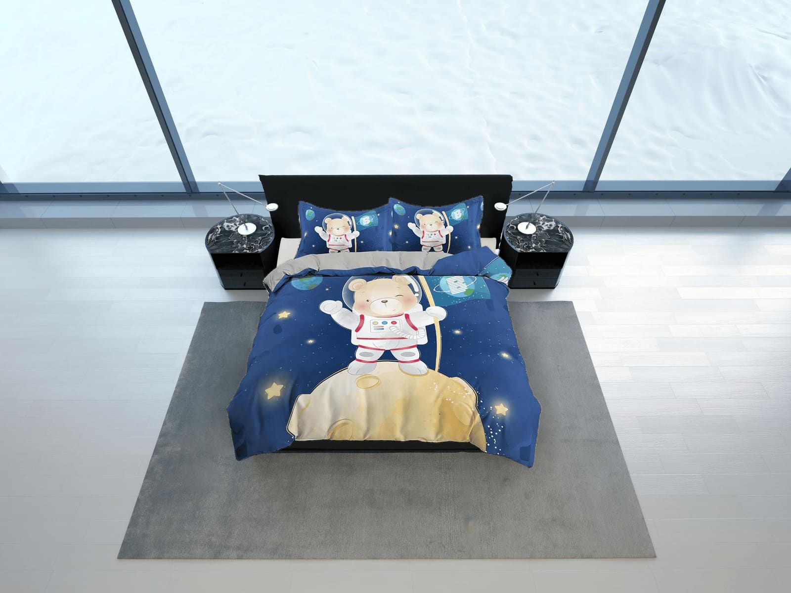 Cute Teddy Bear Astronaut Bedding, Duvet Cover Set & Pillowcase, Zipper Bedding, Dorm Bedding, Teens Adult Duvet King Quee…